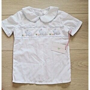 Cecil And Lou‎ Applique Bunny Shirt 5 White Blue Peter Pan Collar Button Back
